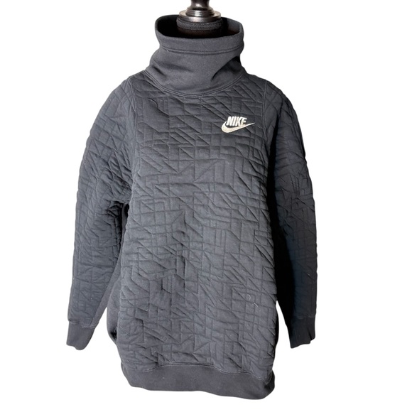 NIKE Oversized Black Quilted Pullover Sweatshirt Mock Funnel Neck Sz Large *Flaw - Picture 2 of 14